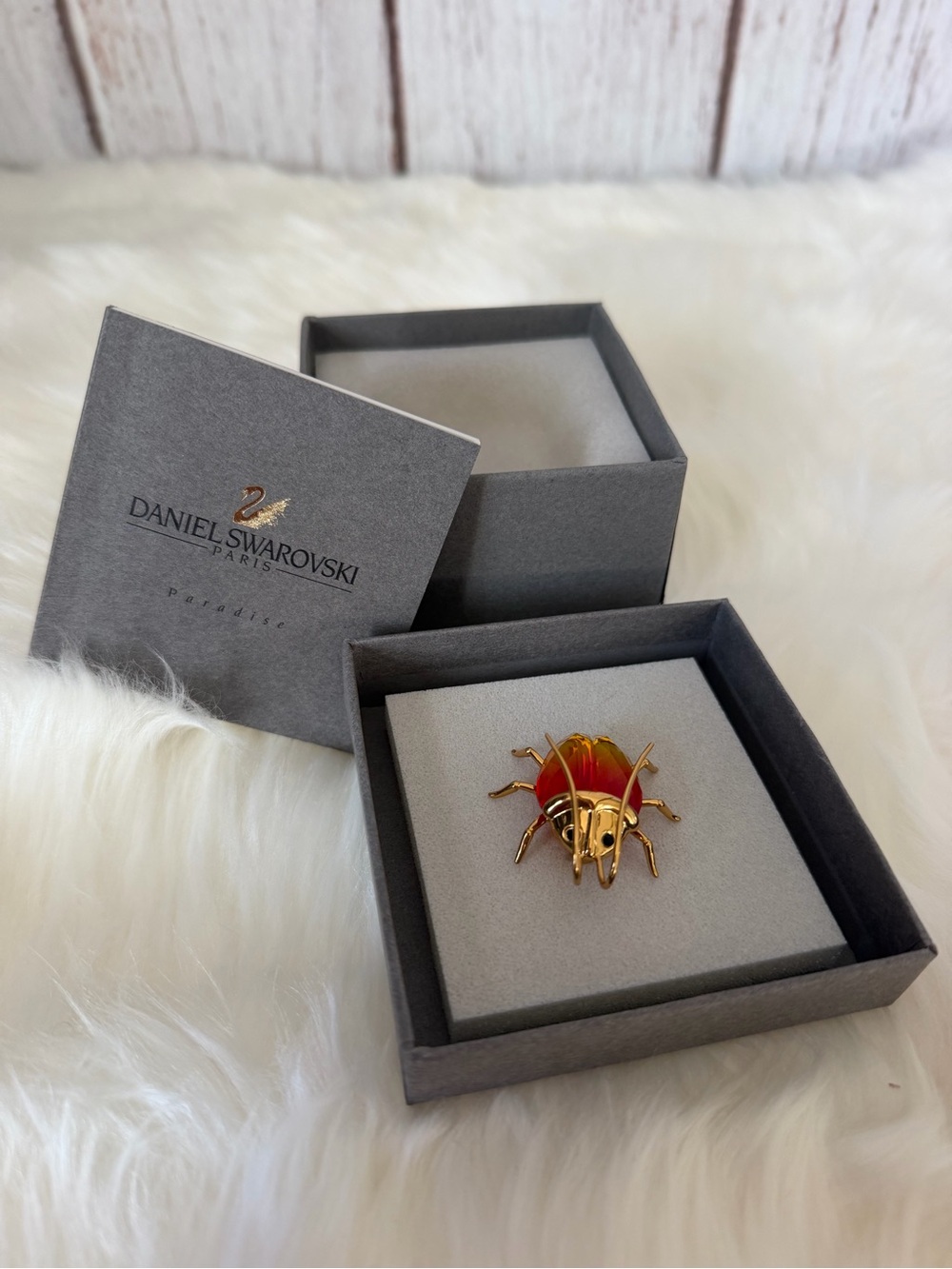 Daniel Swarovski Paris Paradise Amazar Beetle Brooch Fire Opal Crystal Pin OGB